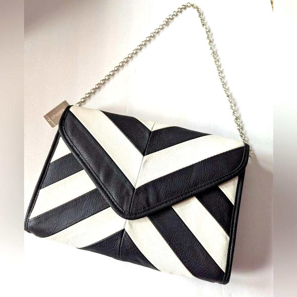 Chico's Black and White Chevron Leather Shoulder Bag